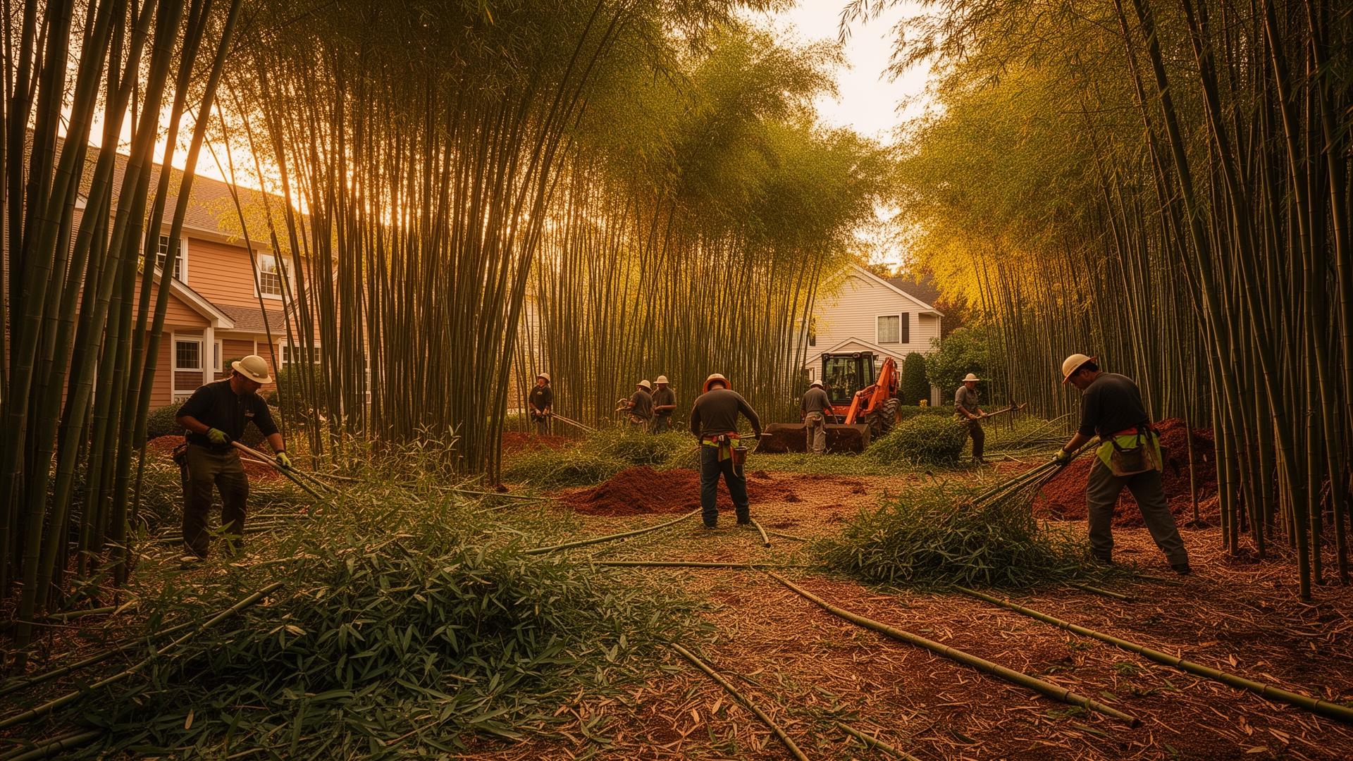 Crew clearing overgrown bamboo from a New Jersey backyard